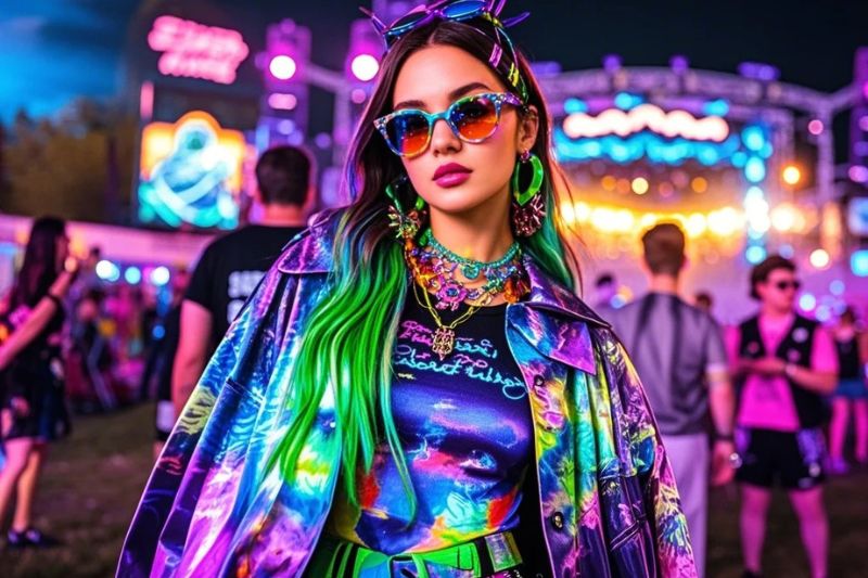 Accessories like bright colored sunglasses, neon necklaces, and more are essential for rave wear