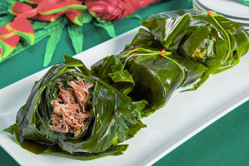 Lau Lau is a traditional Hawaiian dish consisting of pork, fish, or chicken wrapped in taro leaves