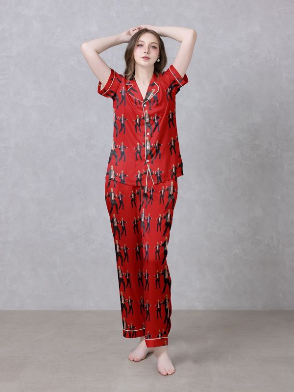 Red Dancing Trump Satin Silky Pajamas Set 1