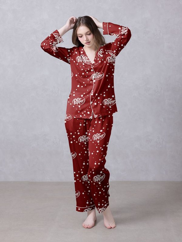 Red Dr Pepper Polka Dot Satin Silky Pajamas Set