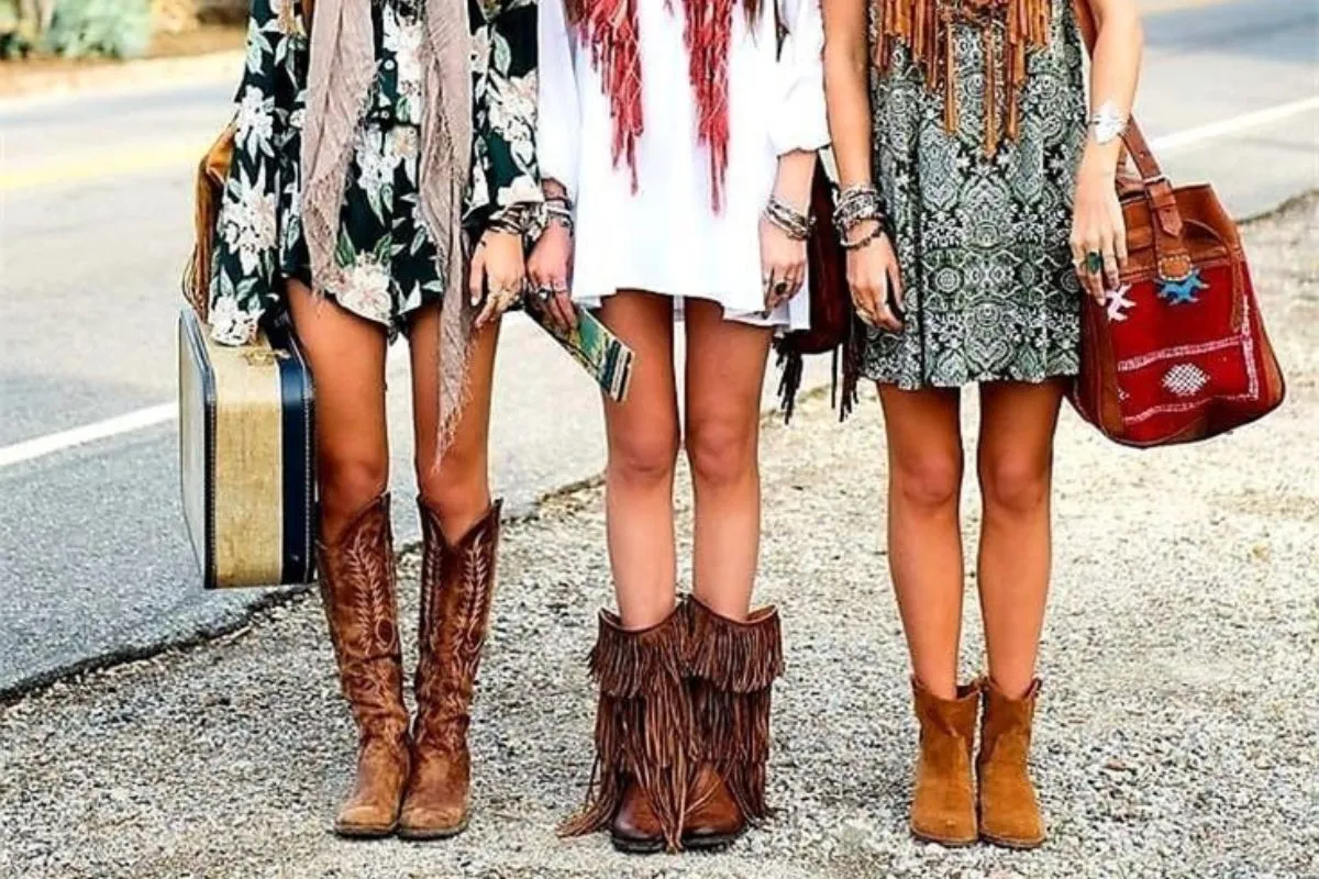 Tasseled leather shoes and high boots in hippie fashion