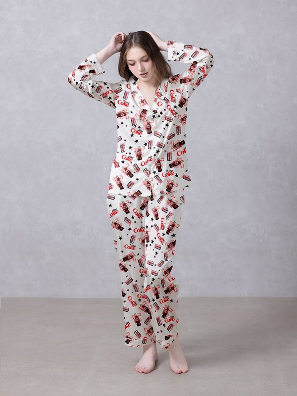 White Coke Vibes Satin Silky Pajamas Set