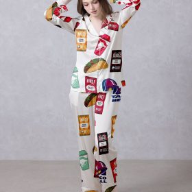 White Taco Bell Fiesta Satin Silky Pajamas Set IBTPJS-014