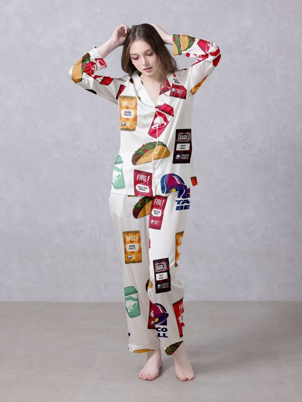 White Taco Bell Fiesta Satin Silky Pajamas Set